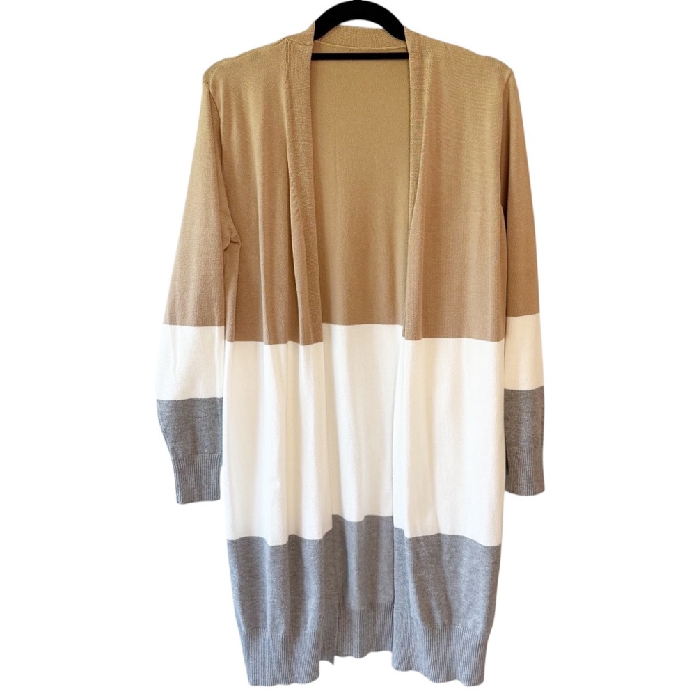 Neutral Toned Colorblock Open Front Long Line Cardigan Tan, White, Grey One Size